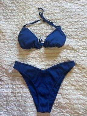Gilly Hicks Blue Ribbed Triangle Bikini Set Large